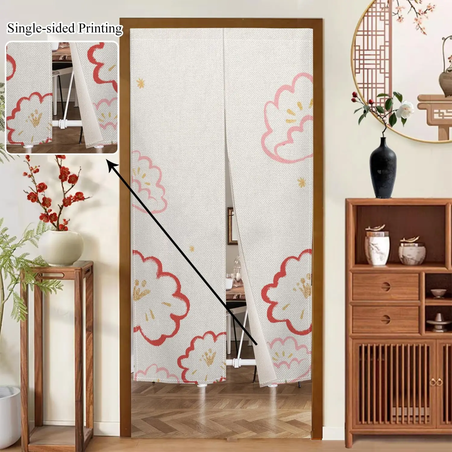 Pink Peach Blossom Flower Pattern Noren Curtain Simple Blossom Design Door Curtain for Home Kitchen Bedroom Partition Decoration