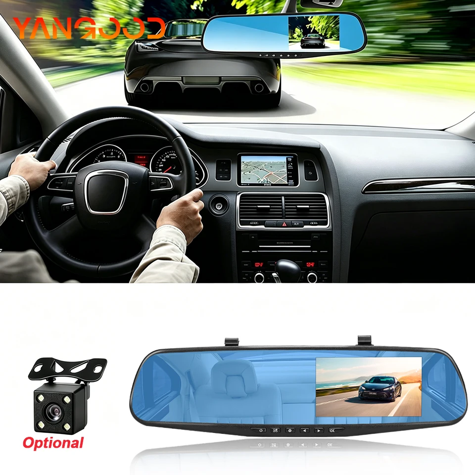 Caméra embarquée miroir 4,3'' 1080P HD avec double objectif et caméra arrière optionnelle pour voitures, vision nocturne et lignes d'aide au stationnement