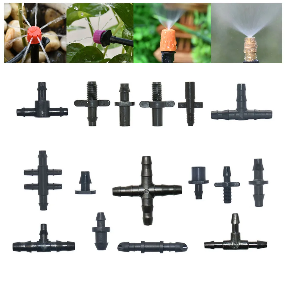 50pcs 1/4'' & 1/8'' Tubing Hose Fitting Barb Tees Cross Eng Plug Splitter Garden Drip Irrigation System Water Connector Joint