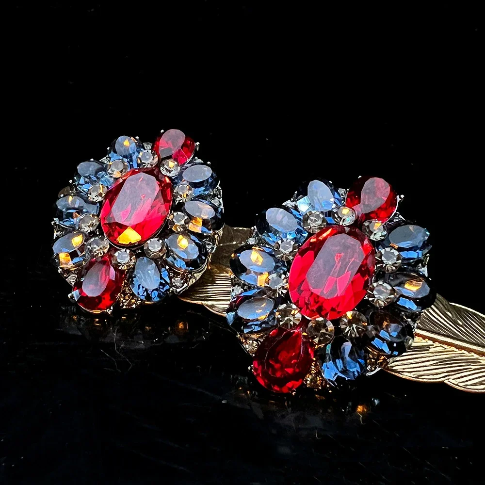 Noble and Exquisite Blue Red Gemstone Large Flower Stud Earrings for Women Oval Ear Stud Original Niche Design Luxury Jewelry