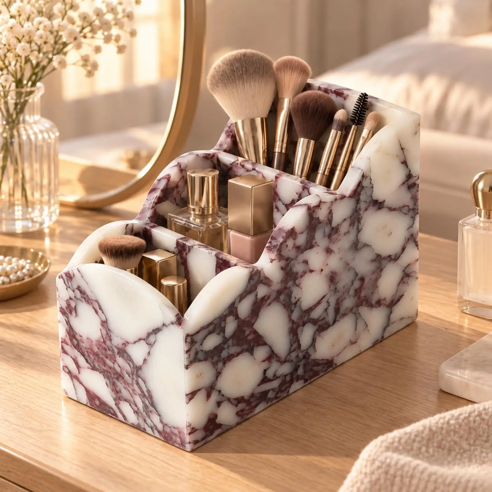 Marble Cosmetic Storage Box Solid Marble Vanity Organizer with Stepped Compartments Marbled Decorative for Dressing Table