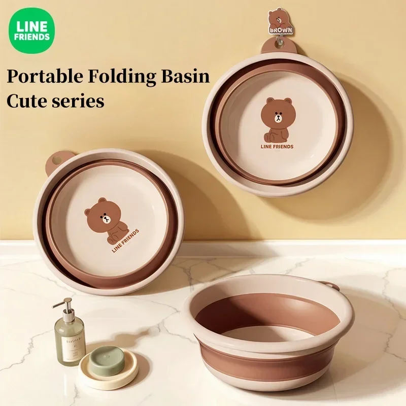 

LINE FRIENDS Brown Cartoon Folding Bucket Basin New Dormitory Student Laundry Household Washbasin Kawaii Plastic Folding Basin