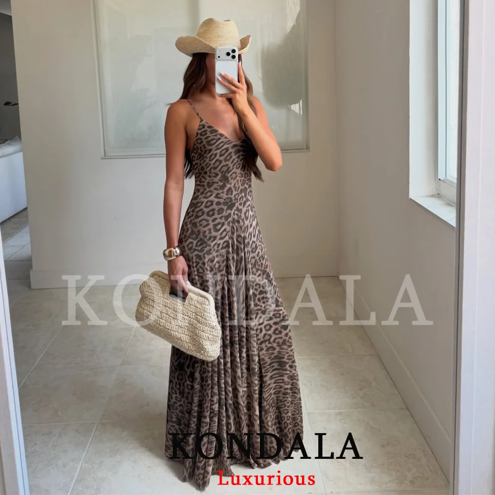 KONDALA Vintage Sexy Women Long Cami Chiffon Dress Leopard Beach Holiday Party Dress Fashion 2026 Spring Summer Elegant Dress