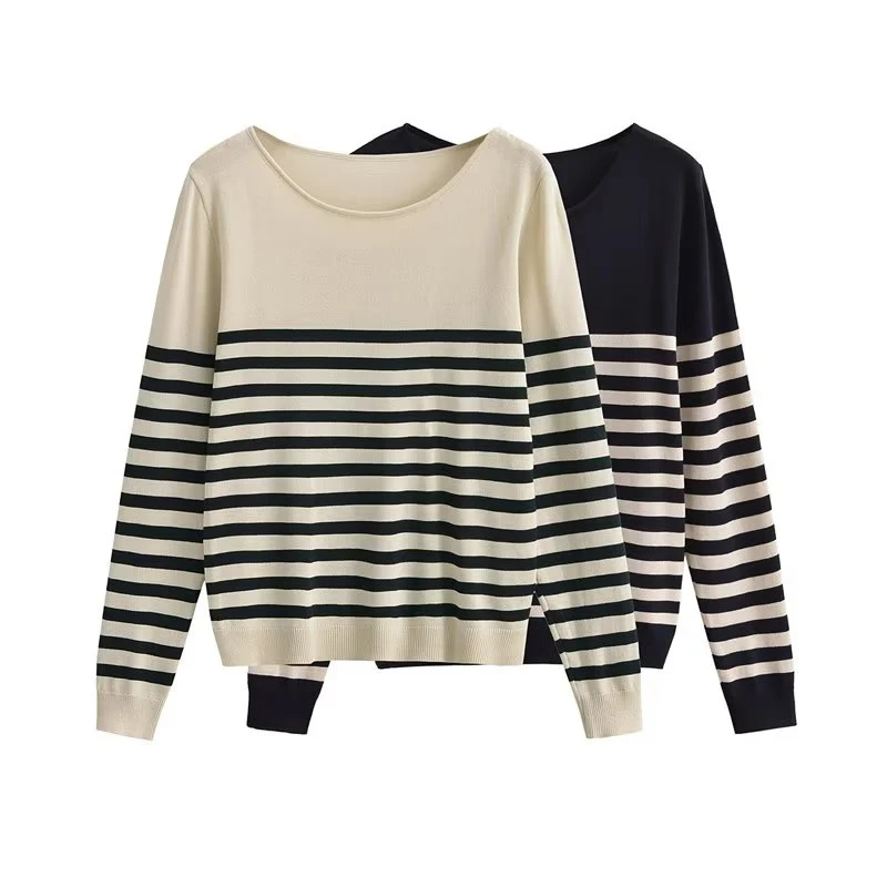 

YENKYE Autumn Women Vintage Striped Knit Sweater Vintage Wide Collar Long Sleeve All-Match Casual Female Pullovers Tops