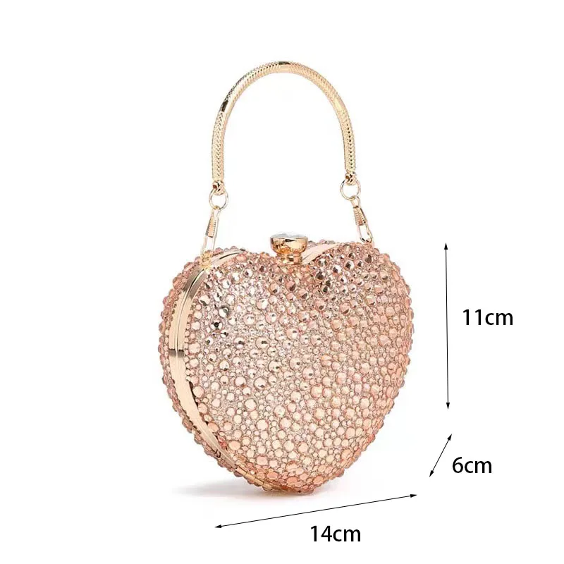 New Luxury Rhinestone Heart Diamond Crystal Clutch Bag, Inlay Mini Evening Handbag, Wedding Party Shoulder Purse With Handle Ins