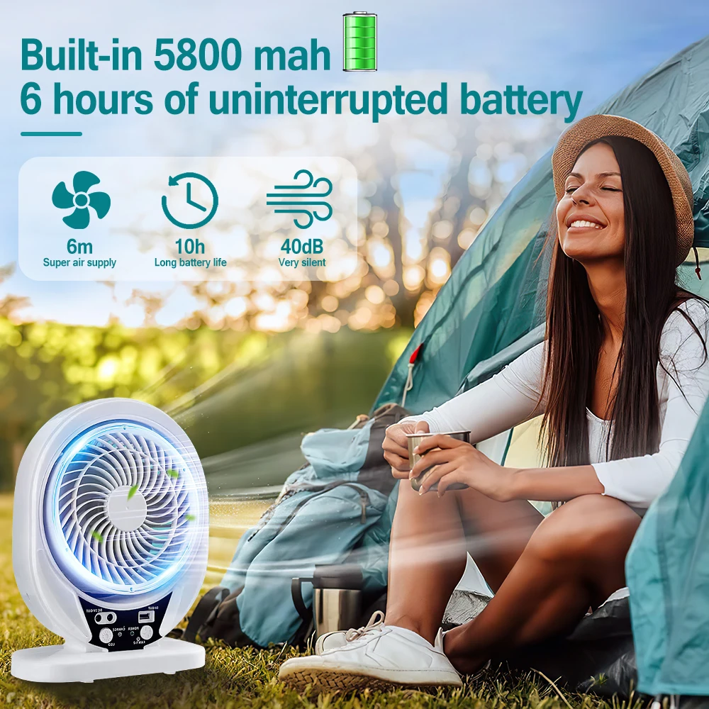 Solar Powered Camping Fan light Rechargeable Desktop Portable Circulator Wireless Solar Fan with Power Bank LED Bulb Camp light