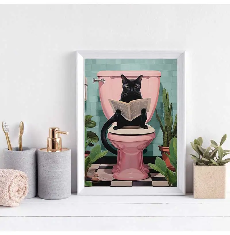 Modern Simple Wall Art Funny Animal Black Cat Cat Reading Newspaper Canvas Print Poster Home Toilet Bathroom Decorative Pictures