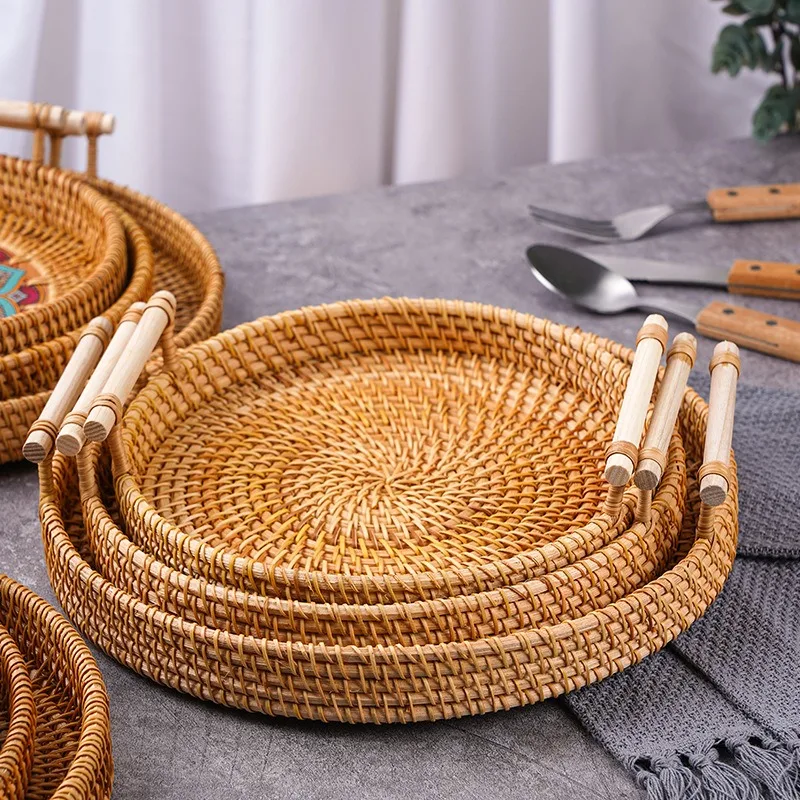 Rattan Storage Tray, Binaural Bread Fruit Snack Basket, Picnic Tray, Tabletop Organizer, Wicker Storage Cube, 3 Packs