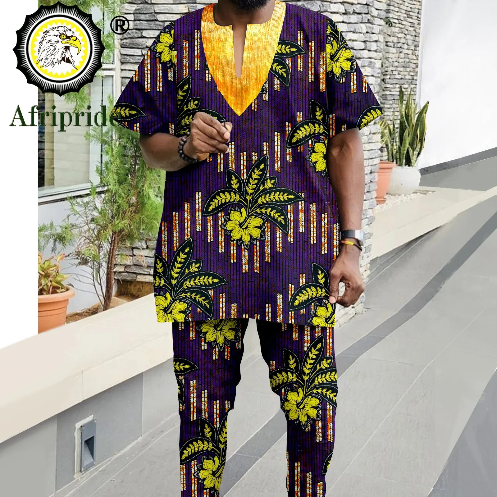 Tracksuit African Suits for Men Shorts Sleeve Print Tops and Pants 2 Piece Sets Plus Size Casual Outfits Bazin Riche A2216100