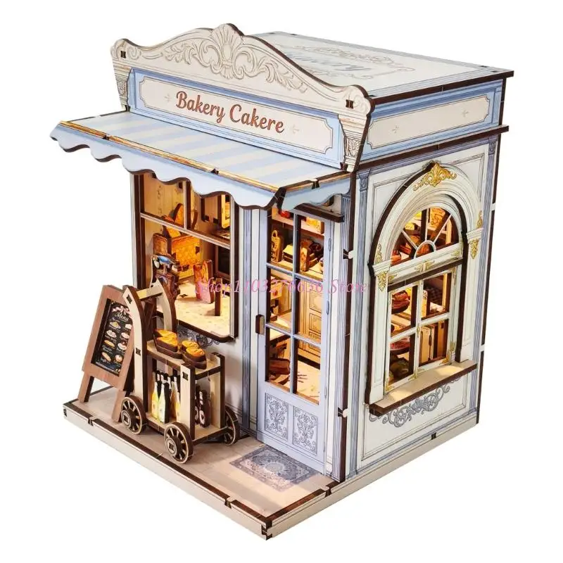 R6FD Wooden Mini Bakery Building Model With LED Lights For Room Decor