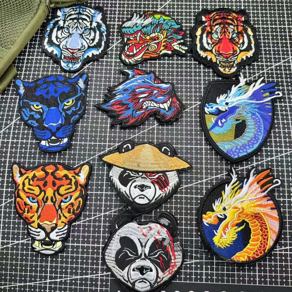 Parche bordado con diseño de animal, insignia de la selva, cabeza de tigre, parche de moral, parche de brazo de Kung Fu Panda, insignia de tiburón