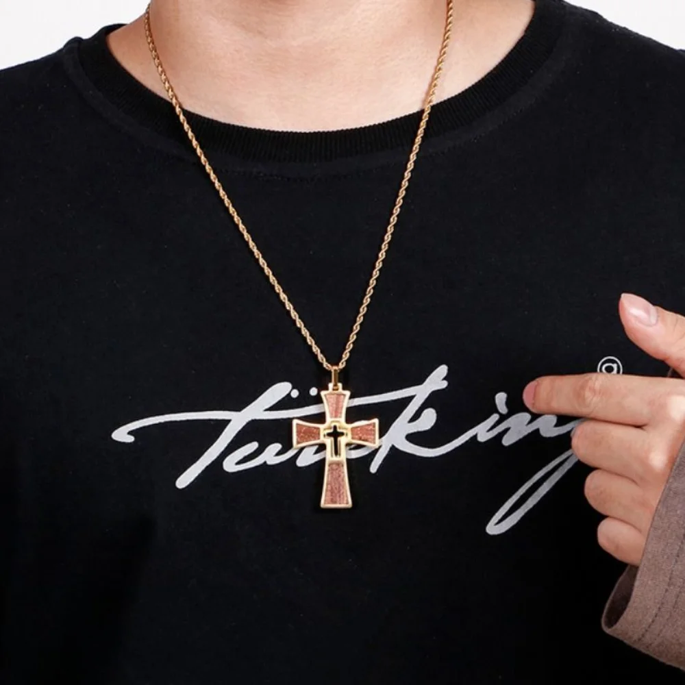 

Double Layers Cross Necklaces Pendant Wood Inlay Vintage Crucifix Pendant Universal Titanium Steel Catholic Necklaces Pendant