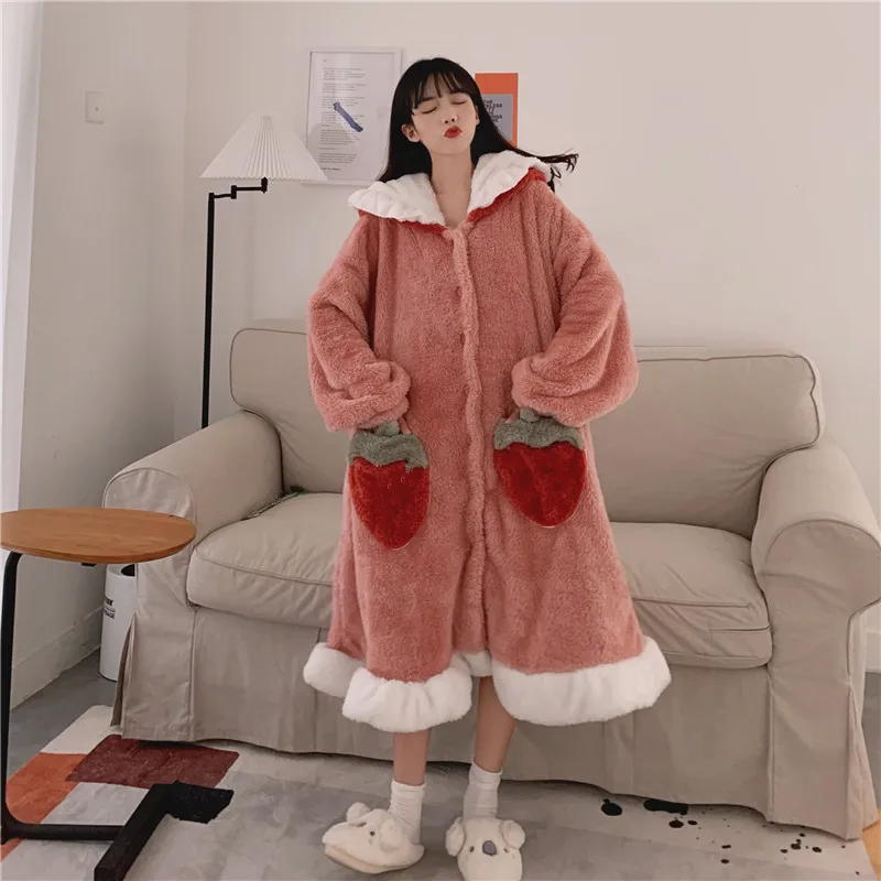 Korea Style Women's Bathrobe Sweet Cute Hooded Winter Ladies Dressing Gown Single Breasted Fleece Strawberry Robe for Female