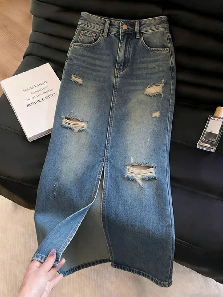 Blue Asymmetrical High Waist A-Line Skirt Women's Summer New Fashion Washed Denim Hollow out Luxury Half-length Skirt