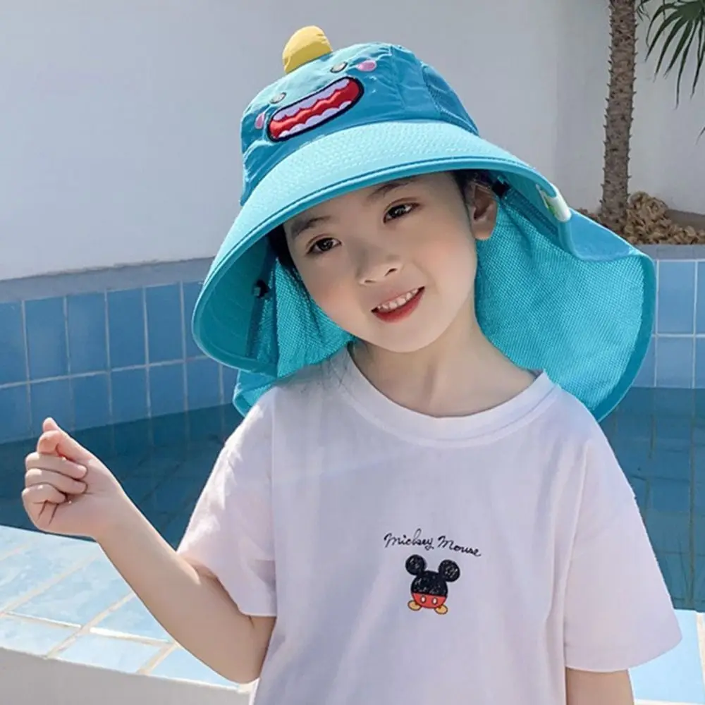 Thin Fashionable Children Sun Hat Anti UV Protection Cartoon Dinosaur Neck Ear Cover Foldable Breathable Beach Caps Summer