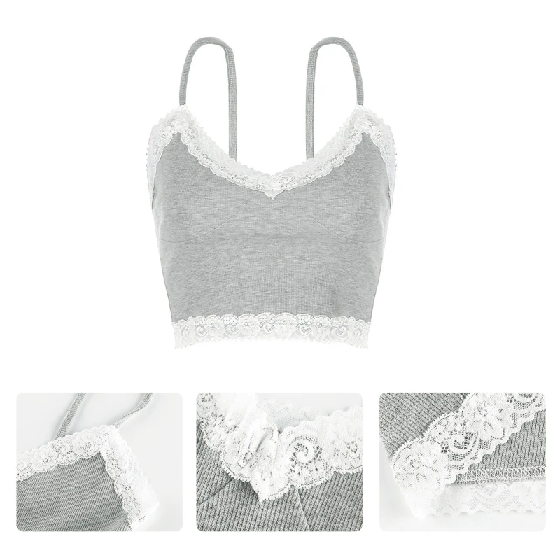 Women Summer V-Neck Crop Top Sexy Backless Floral Lace Trim Ribbed Camisole Solid Color Gray Sling Dropship