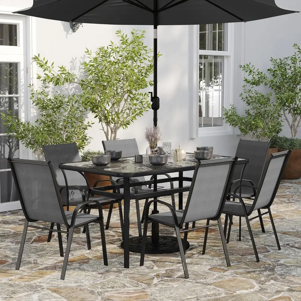 

Bardwell 7-Piece Outdoor Dining Table Set or 6, Glass Top Table with Hole or Umbrella, 6 Breathable Textilene Stackable Patio Ch