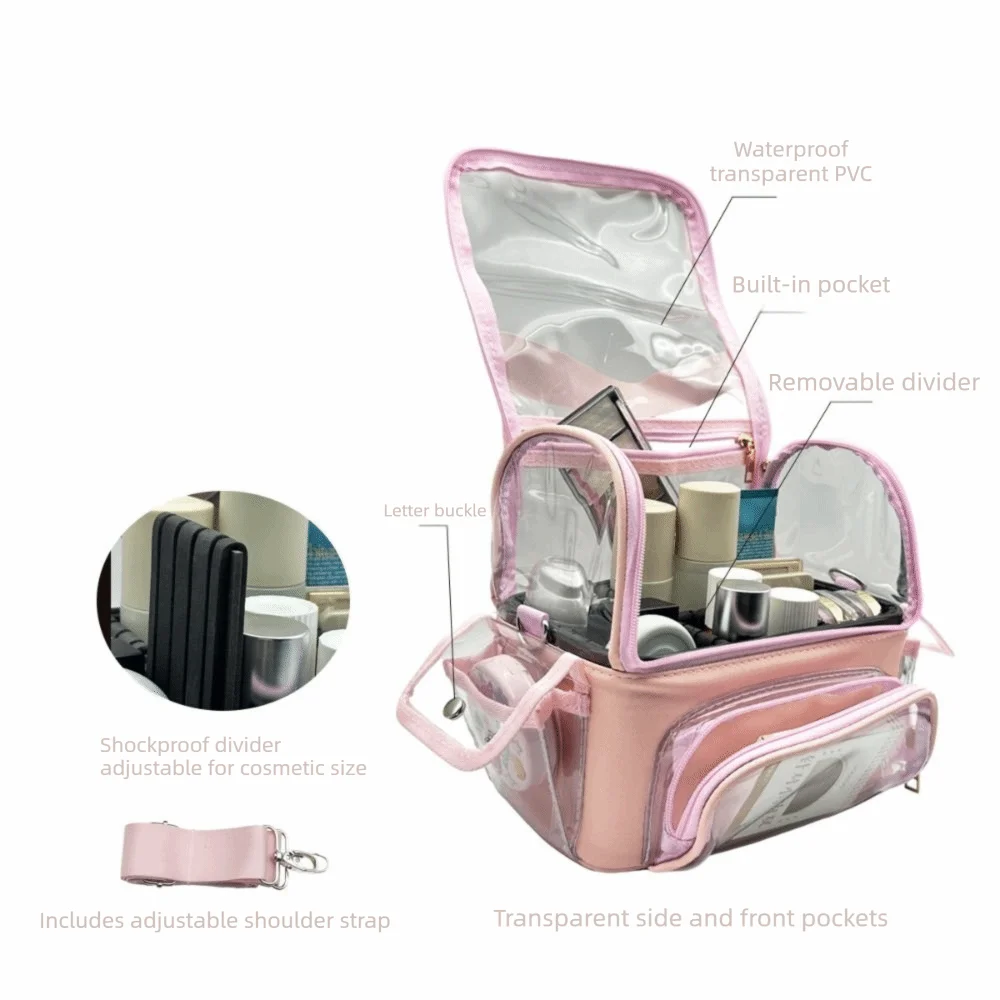 Adjustable Strap Portable Cosmetic Bag Clear Large Capacity Makeup Tools Organizer Detachable Portable Ladies Makeup Handbag