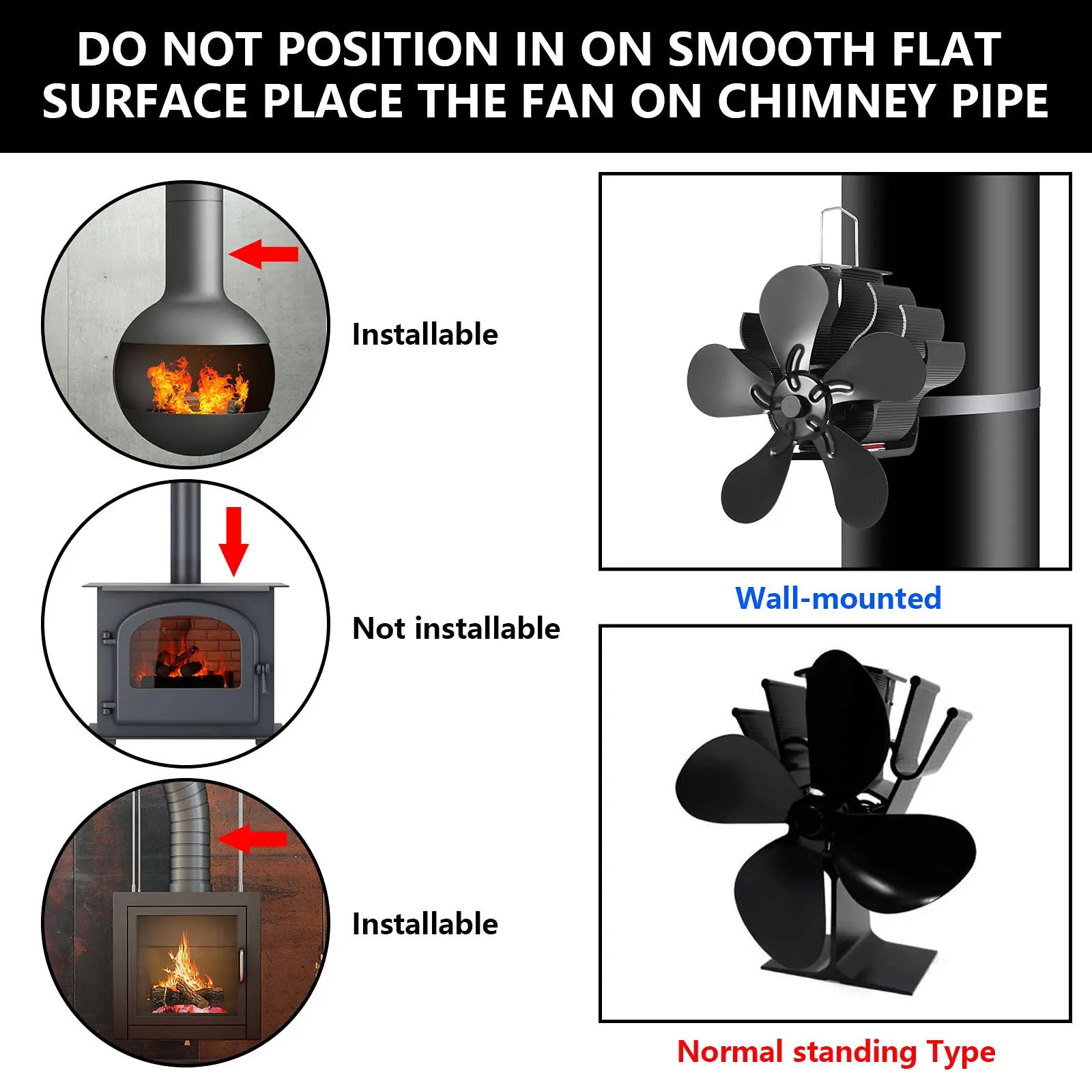 Fireplace Fan, Stove Fan Without Electricity, Quiet Log Burner Fan 5 Blades,Chimney Fan Heat Distributor Stove Flue Pipe Fan