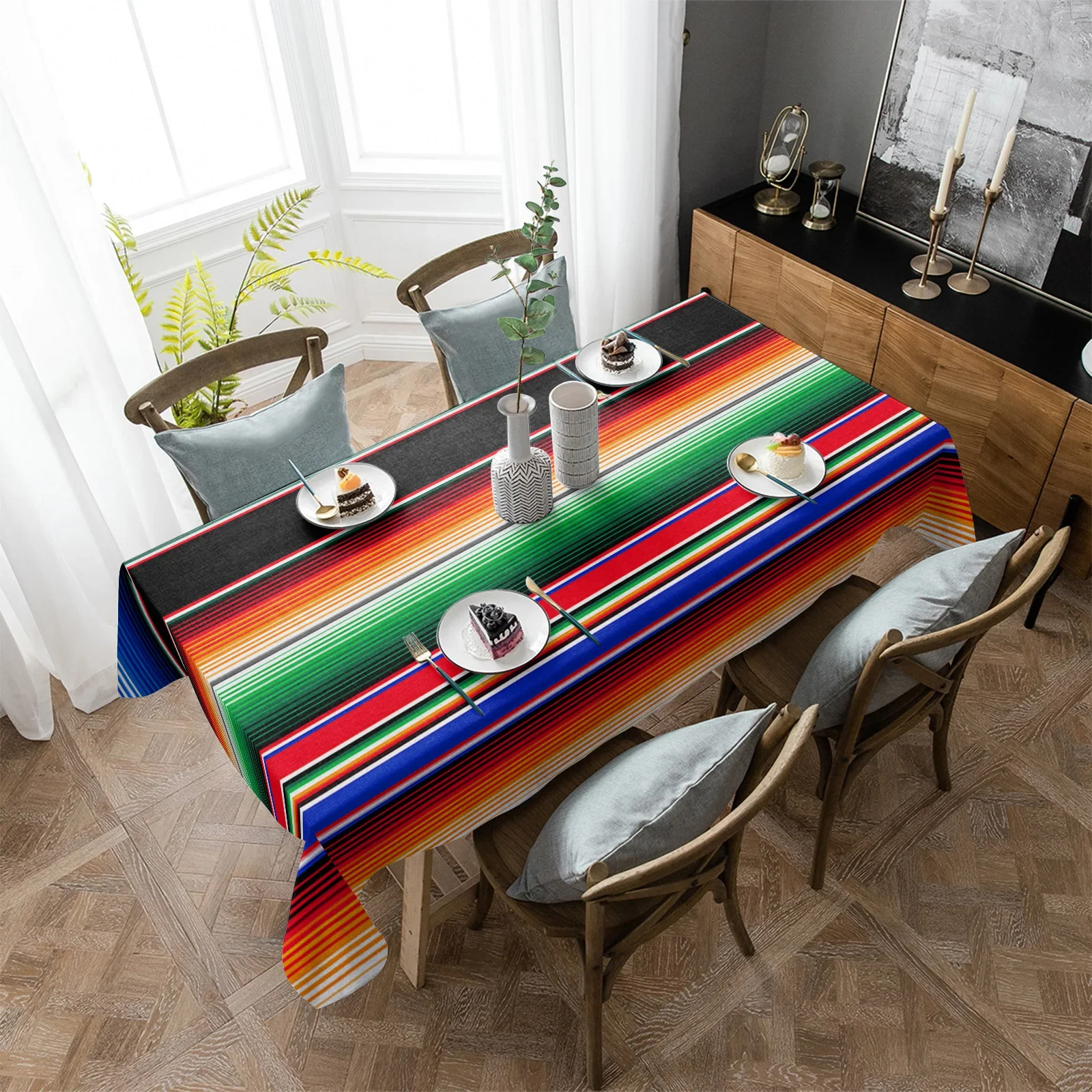 Mantel rectangular a rayas de colores mexicanos, decoración para fiestas navideñas, mantel impermeable reutilizable, decoración de mesa de Fiesta mexicana
