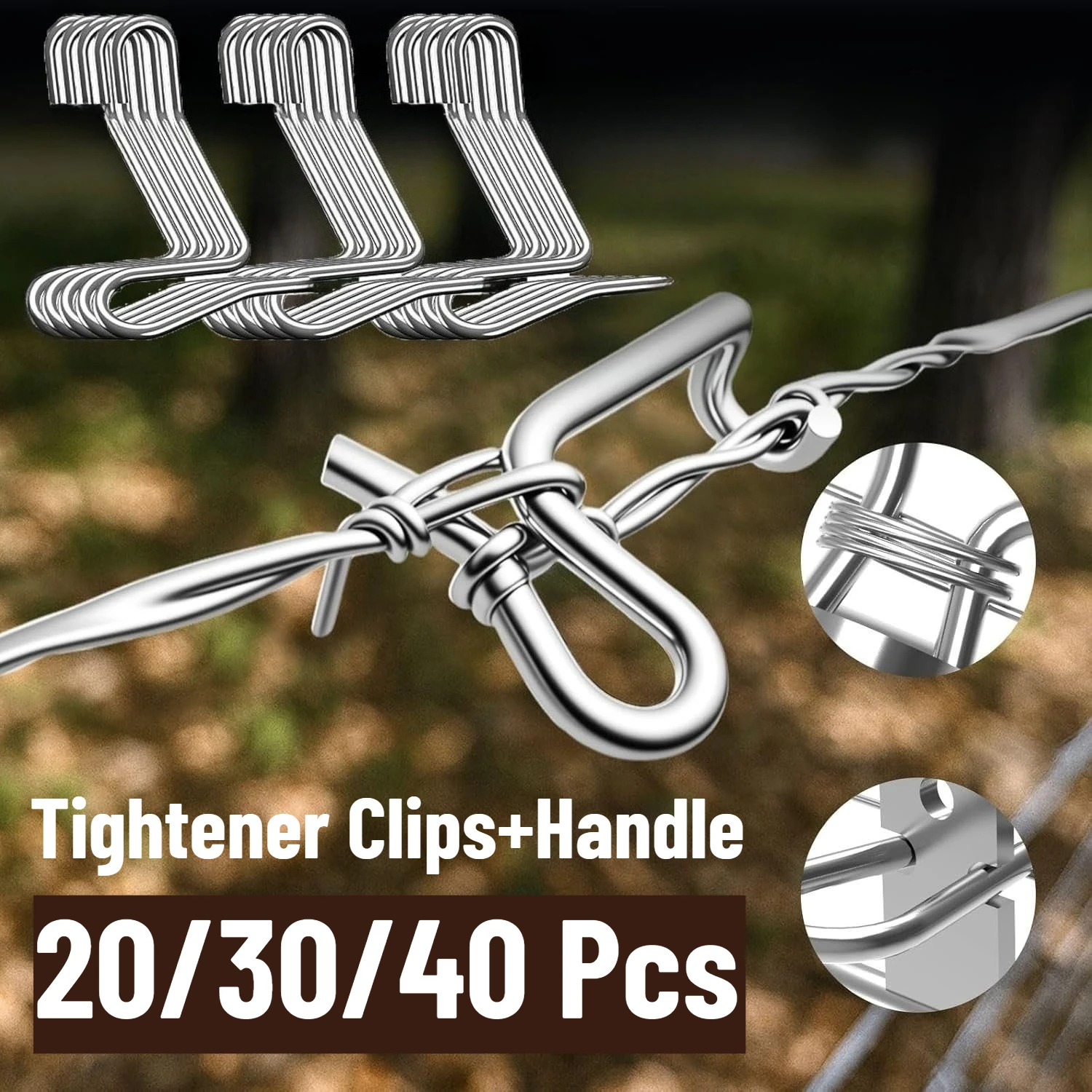 20/30/40Pcs Fence Wire Tightener Tool with 1 Tighteners Handle Stainless Steel Barbed Tensioners Metal Barb Wire Fixing Tools