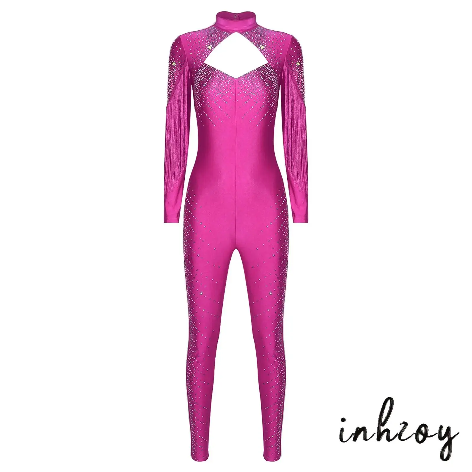 

Women Figure Skating Dance Costume Glittery Rhinestone Gymnastics Jumpsuit Long Sleeve Tassel Front Hollow-out Lyrical Dancewear
