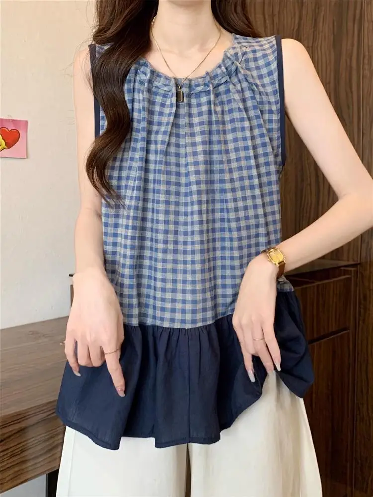 Colete Solto Feminino Xadrez Azul com Alças, Roupa de Verão Plus Size para Mulheres Gordinhas, Top Fofo de Renda Estilo Boneca, Comprimento Regular para o Dia a Dia