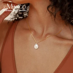 EManco Freshwater Pearl Pendant Necklace Stainless Steel Oval Pearl Jewelry Women's Holiday Gift
