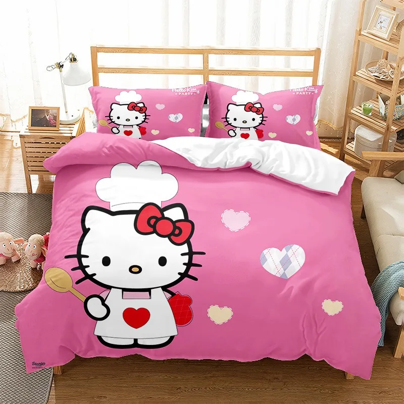 Cartoon Hello Kitty Pattern Print Bedding Comforter Quilt Bed Cover Duvet Cover Pillow Case 2-3 Pieces Sets Kids Adult Size