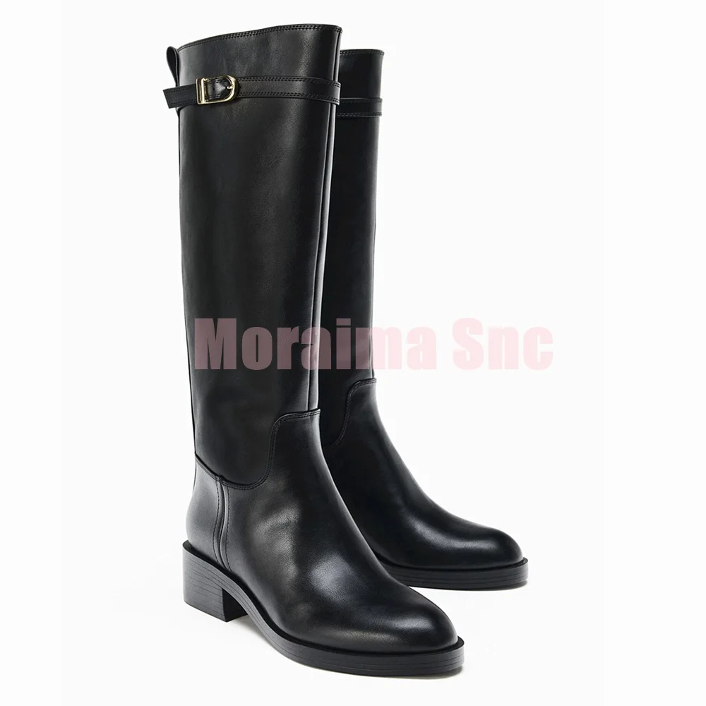 

Concise Belt Buckle Knee High Boots Round Toe Block Chunky Heel Slip On Sexy Fashion Women's Long Modern Boots Autumn Winter New