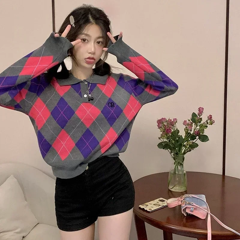 Vintage Contrast Color Crop Tops Argyle Plaid Turn Down Collar Knitted Pullovers Autumn Winter 2022 Korean Fashion Sweaters