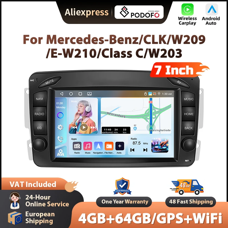 Podofo Android Autoradio für Mercedes-Benz/CLK/W209, kabelloses CarPlay, GPS-Navigation, WLAN, FM/RDS, Head Unit, EQ, BT, Autoradio