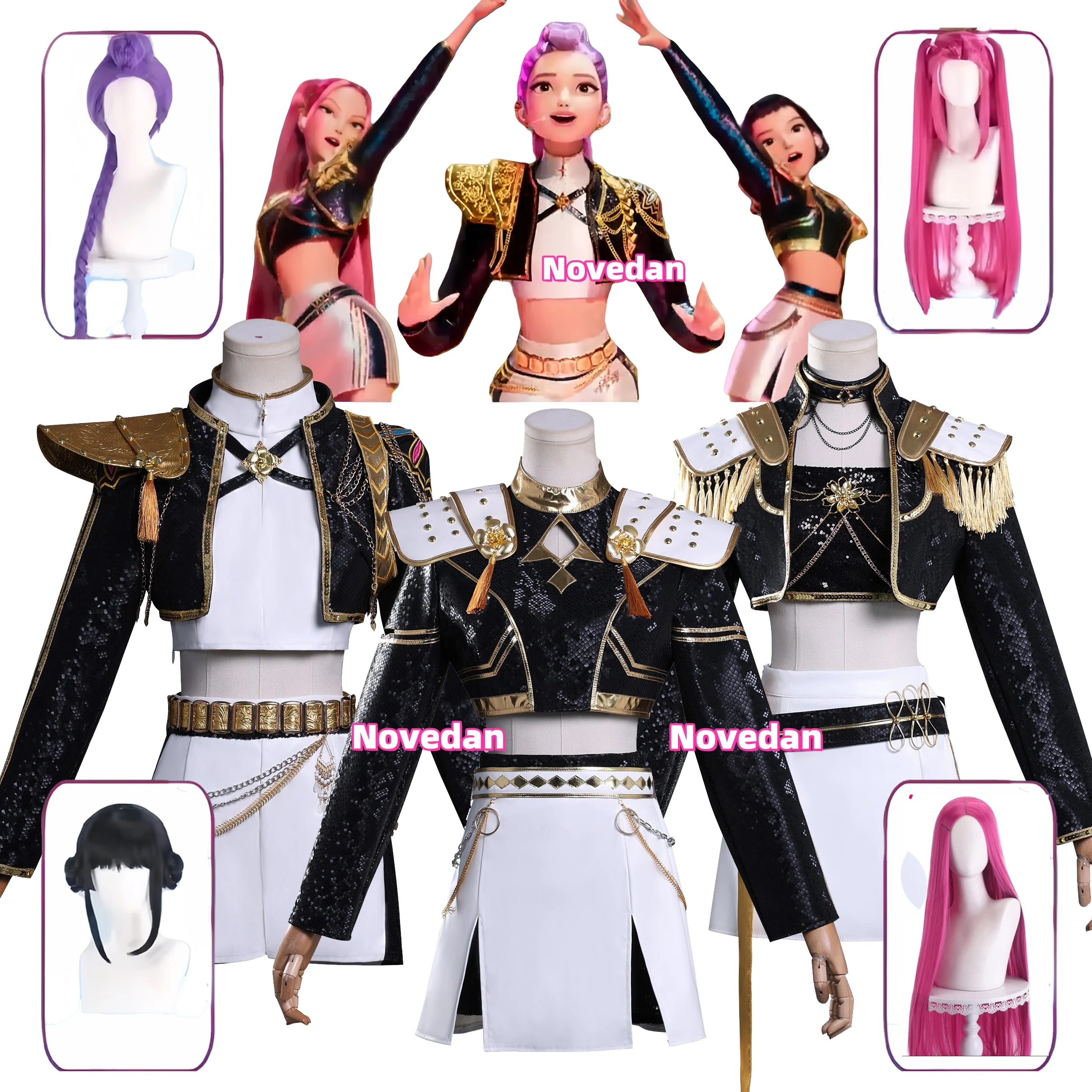 

KPop Demon Hunters Rumi Mira Zoey Cosplay Costume Wig Hair Black Golden Costume Huntrix Cosplay Halloween Costume for Women