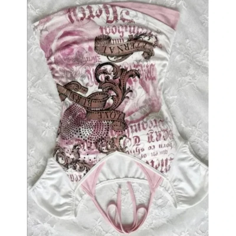 Y2k 2000s Pink Print Patchwork False Two-piece Tshirt Halter Neck Tie-front Top T-shirt Women Girly Short Sleeves T-shirt Trendy