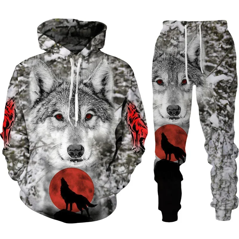 Conjunto de ropa deportiva con capucha para hombre, chándal de manga larga con estampado de lobo de guerra de animales en 3D, Primavera