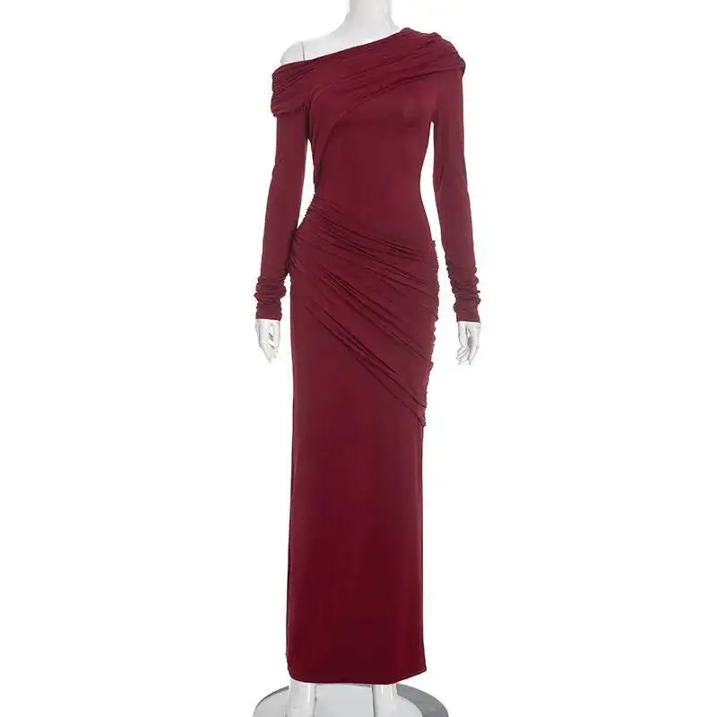 Blifanbo Eine Schulter Geraffte Sexy Maxi Kleid Frauen Kleid Langarm Elegante Skew Kragen Backless Bodycon Club Party Kleider