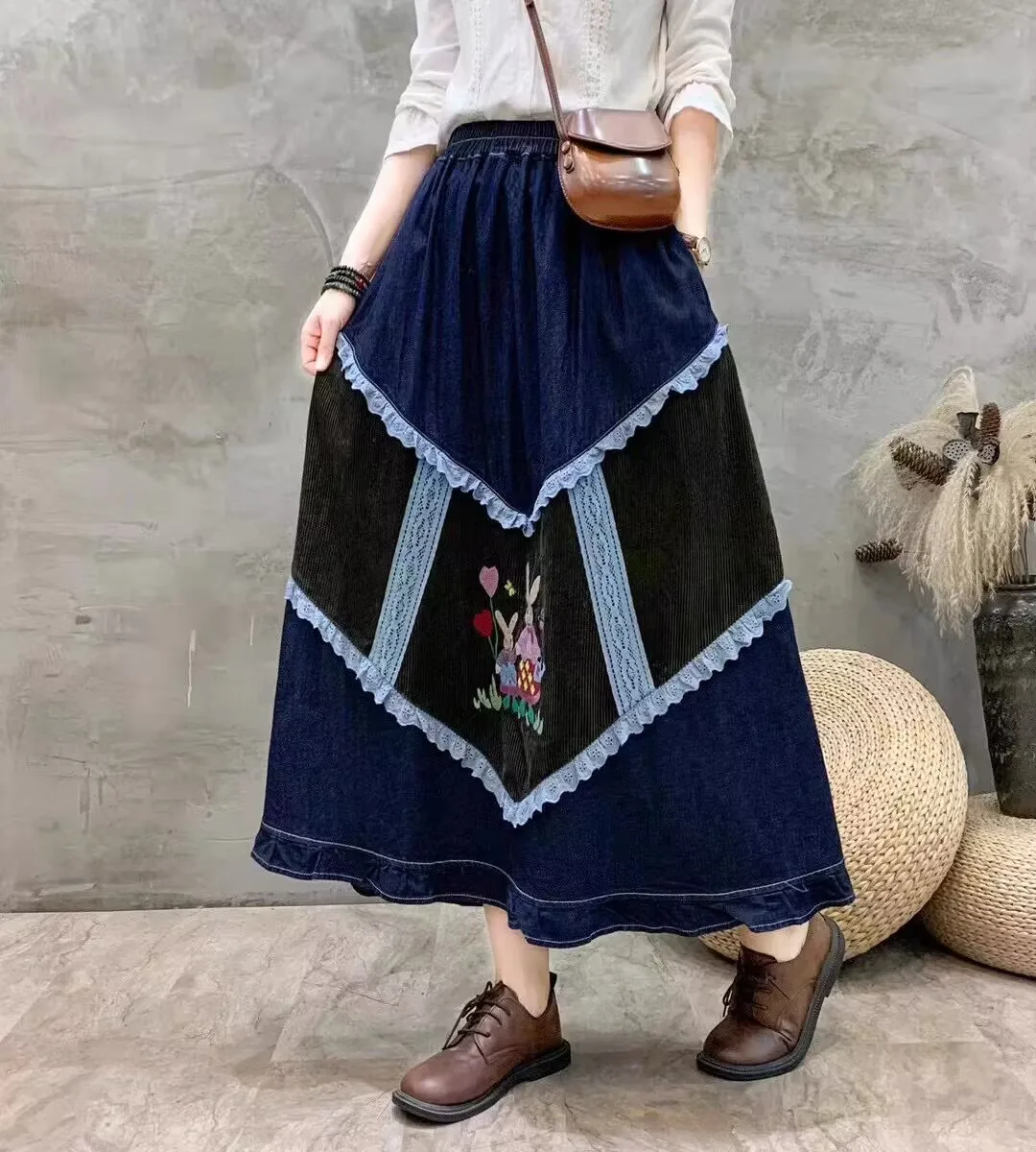 Vintage Embroidery Blue Denim Skirts Spring Autumn Japanese Mori Girl Elastic High Waist A Line Skirts