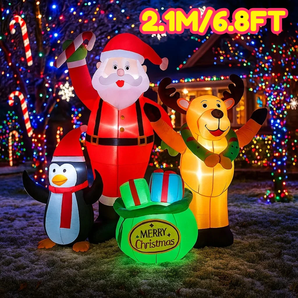 2.1M/6.8FT Inflatable Santa Reindeer Penguin with Gift Bag  Lights LED Home Holiday Lighting Decoration Yard Xmas Decor Supplies