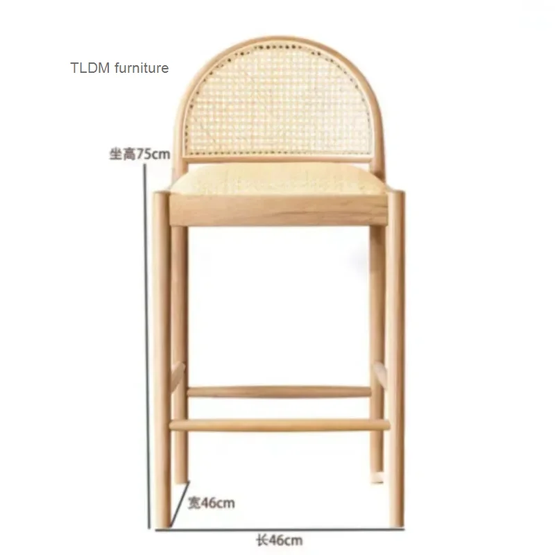 Nordic Woven Rattan Bar Stool Home Luxury Bar Chair Casual Dining Chairs Modern Minimalist Ash Wood High Stool Reception Chair