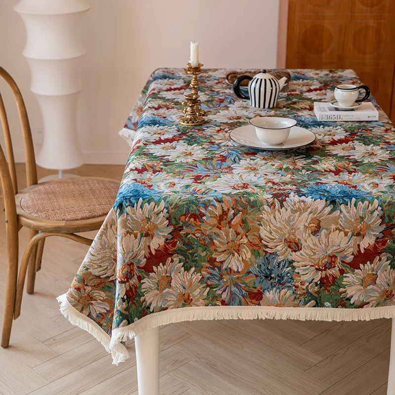 Retro Floral Jacquard Tablecloth Cotton Linen Decor Home Vintage Oil Paint Tablecloth Pastoral Style Cloths Table Decoration