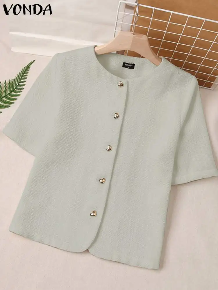 VONDA 2024 Summer Fashion Women Elegant Blazer Tops Casual Loose Solid Short Sleeve Heart-shaped Buttons Suit Streetwear Blusas