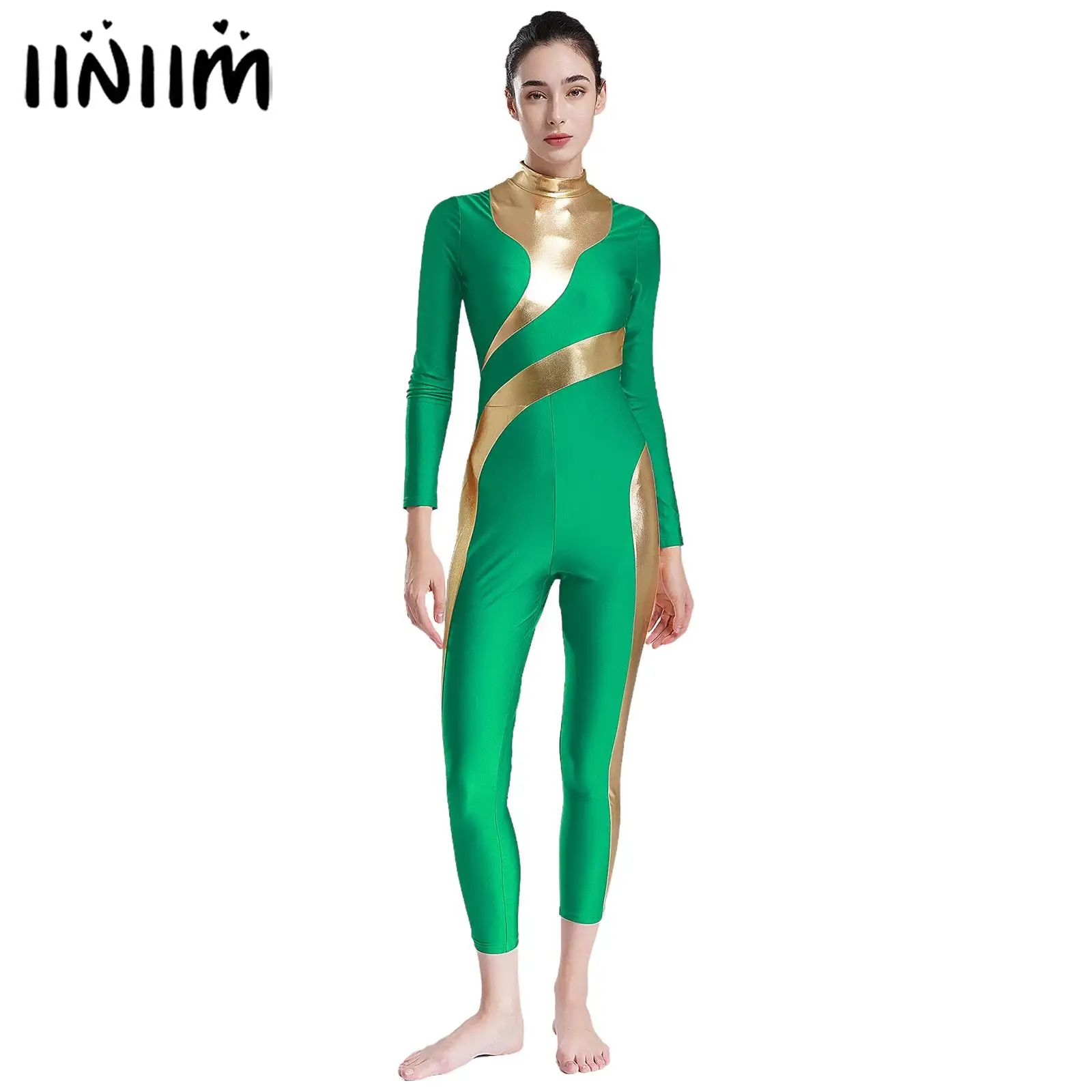 

Womens Gymnastics Figure Skating Performance Ballet Dance Costume Mock Neck Long Sleeve Metallic Shiny Dance Unitards Jumpsuit