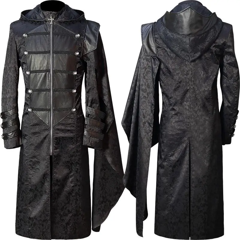 European And American Men's Steam Retro Pay Stand Up Collar Black Leather Punk Special Envoy Cape Coat