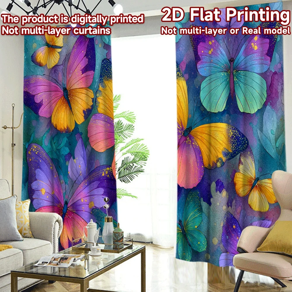 2D FLAT PRINTING 2pcs Curtains (Without Rod) Colorful Butterflies and Splashes Chic Curtain Chic Durable 100% Polyester Fabric