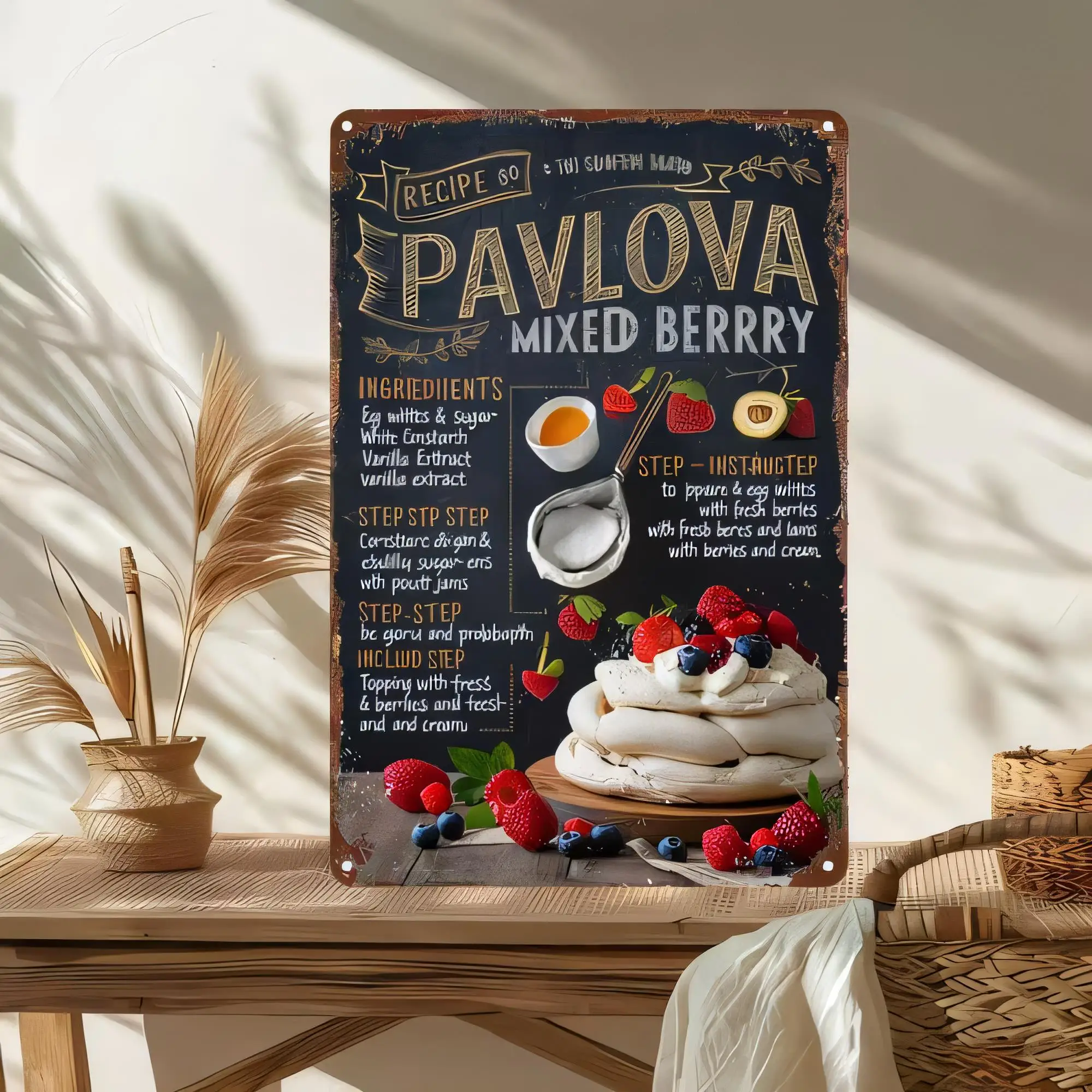 Tin Sign Recipe PAVLOVA Mixed Berry Vintage Dessert Kitchen Wall Decor, Metal Sign Plaque for Home Bar Cafe Restaurant, Retro Ca