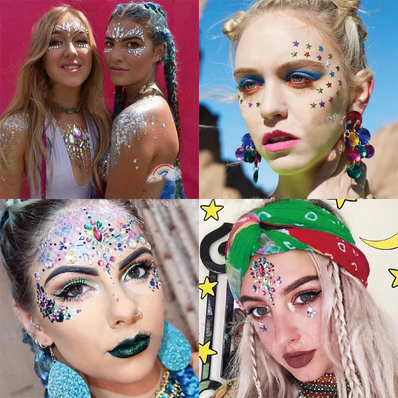 

60Set/Lot 14.5x17cm DIY Electronic Music Face Eyebrows Stickers Acrylic Diamond Water-Proof Temporary Tattoos Body Art HA222