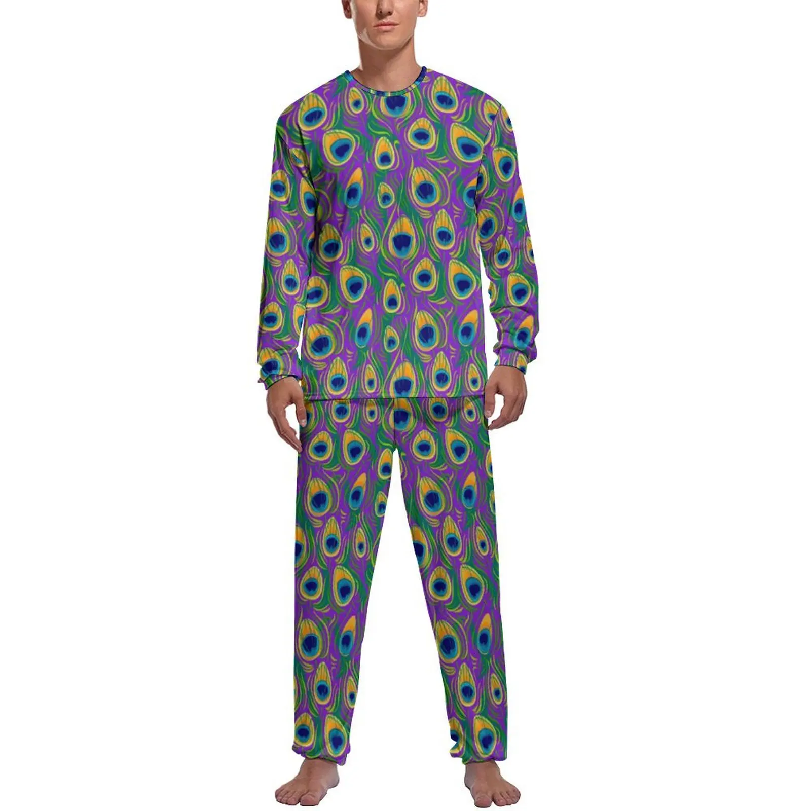 Pretty Birds Pajamas Male Peacock Feathe Print Cool Nightwear Daily Long Sleeve 2 Pieces Aesthetic Graphic Pajamas Set