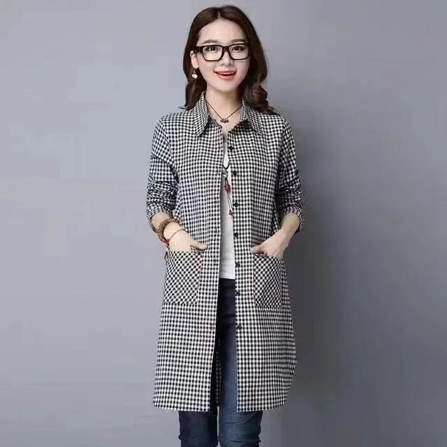 Primavera Autunno Donna di grandi dimensioni in cotone e lino scozzese irt Lunghezza media Lungo Sve Abbigliamento da mamma di mezza età