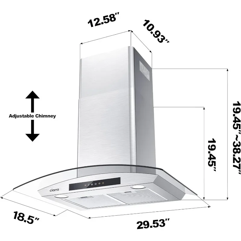 Wall Mount Range Hood 30 inch with Soft Touch Control in Stainless Steel & Tempered Glass, Stove Vent Hood for Kitchen