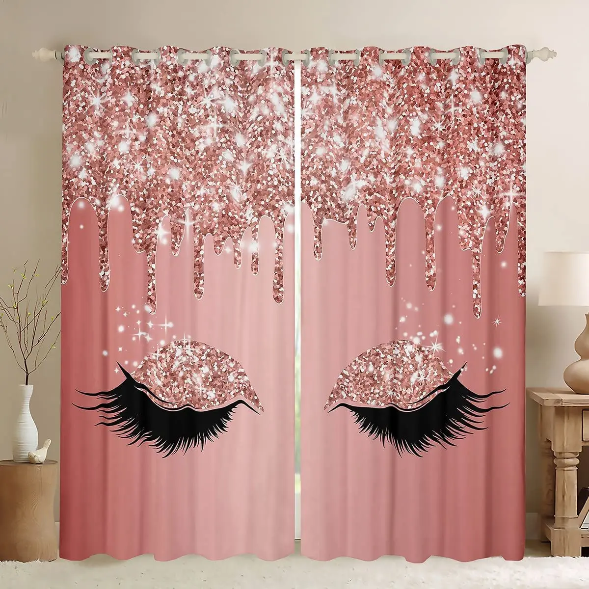 3D Digital Printing Pink Eyelashes with Mackup Eyes, Sunshade Window Curtains, Bedroom, Living Room 2 Pcs